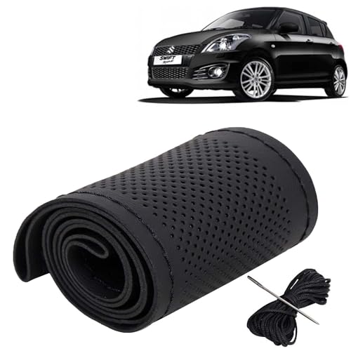 Image of KINGSWAY PU Leatherite Car Steering Cover Sewable Compatible with Maruti Suzuki Swift (Year 2011-2017), Black Color with Black Thread, Pack of 1 with Sewing Needle and Thread