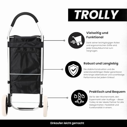 43.5Liter Aluminium Trolley Einkaufstrolley Klappbar, Shopping Trolley, Wasserabweisender Einkaufswagen Faltbar, Einkaufstasche mit 2 Rädern, Einkaufskorb mit Rollen, Groß - Schwarz – Bild 8