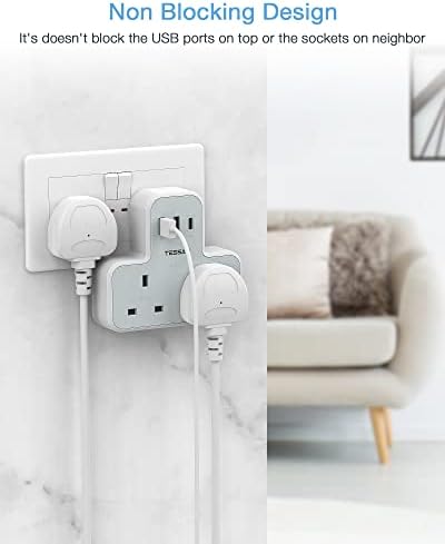 Double Plug Adaptor with 3 USB Plug, TESSAN Plug Adapter with USB C Charger, Socket Adapter, Extension Plug with USB Charger Plug, Double Adapter Plug UK Compatible with Kitchen, Office