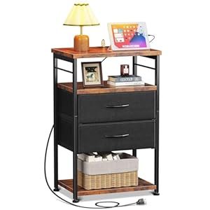 AODK Night Stand with Charging Station, End Table for Bed Nightstand with Drawers, Small Nightstand for Bedroom, 4-Tier Storage Bed Side Table for Living Room, Vintage and Black