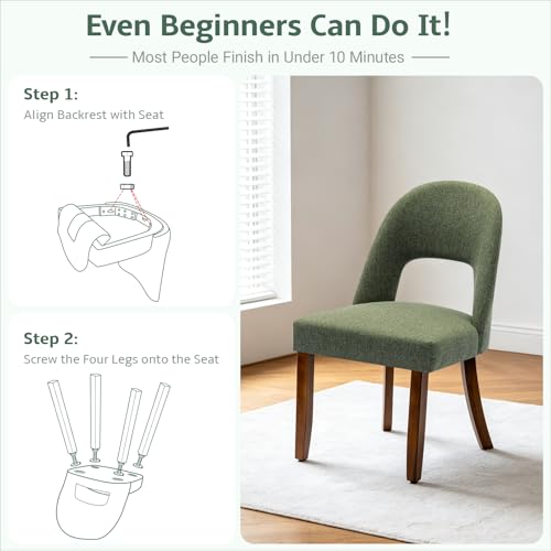 Wooden Dining Chairs Set of 4, Upholstered Kitchen Chairs with Walnut Wood Legs and Curved Linen Fabric Backrest, Modern Farmhouse Dining Room Chairs for Kitchen Dining Vanity, Green - Image 6