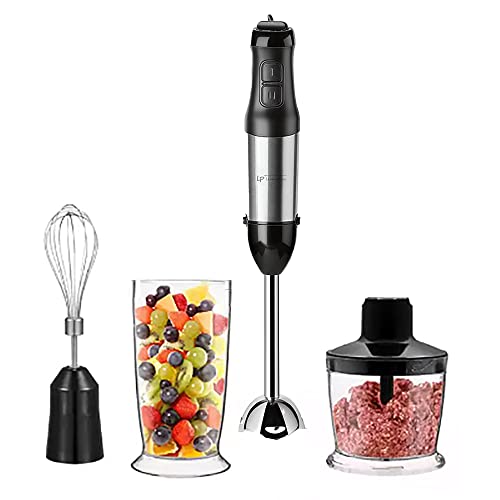 Lp Living Plus Batidora de mano eléctrica 4 en 1, potente batidora de acero inoxidable de 500 W con batidor, picador, vaso de precipitados, fácil de limpiar, reducción avanzada de ruido
