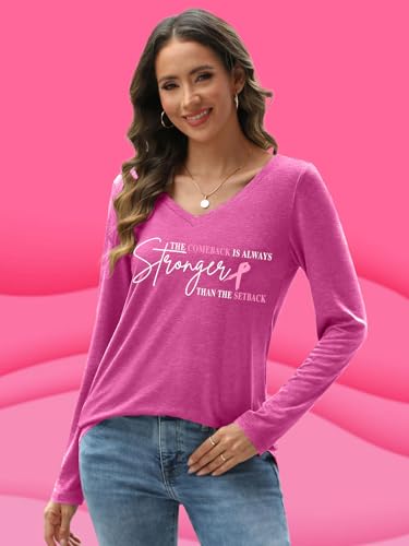 Breast Cancer Shirts for Women Pink Ribbon Long Sleeve Breast Cancer Awareness T-Shirt Cancer Survivor V-Neck Tops3