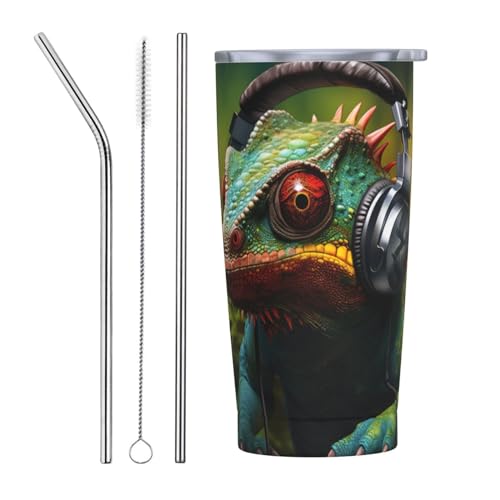Chameleon Listen Music - Vaso con popote de acero inoxidable, perfecto compañero de viaje para oficina, paseos en coche y eventos deportivos
