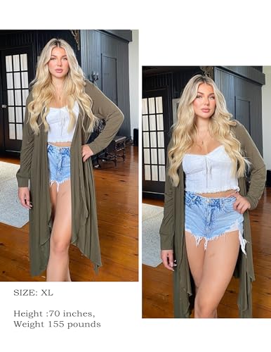 IN'VOLAND Women's Plus Size Cardigan Long Sleeve Open Front Drape Cardigans Lightweight Long Duster Khaki