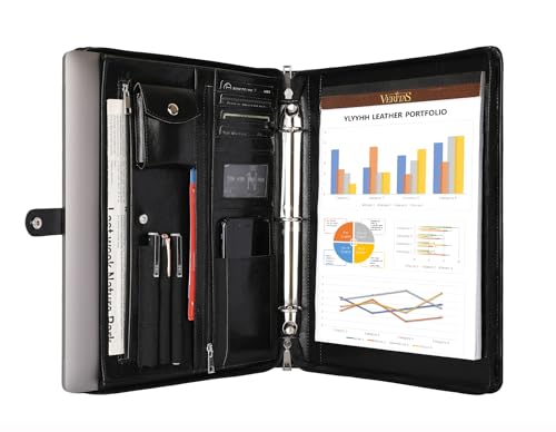 Black Leather Padfolio for Women/Men, Business Leather Binder 3 Ring Portfolio, Personalized Leather Portfolio Binder, Zippered Portfolio Organizer for A4 Notepad & 13-inch Laptop/Tablet by YLYYHH - Used condition - US$29.72