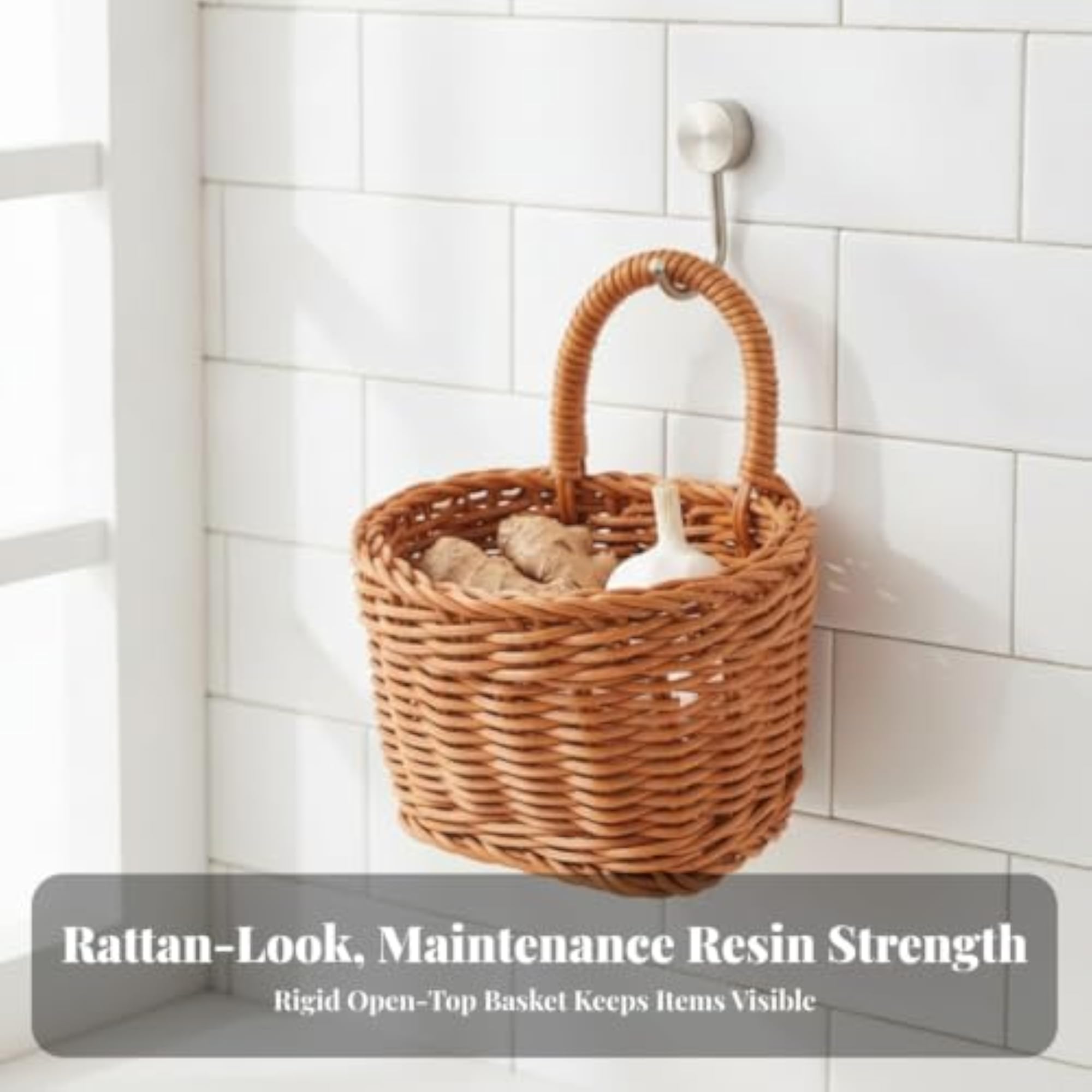 Rattan-Style Wall Hanging Basket with Handle for Kitchen & Entryway
