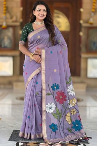 Image of SGF11 Women's Soft Cotton Linen Silk Saree With Blouse Piece