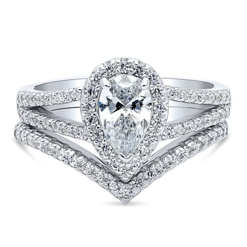 BERRICLE Sterling Silver Halo Engagement Promise Rings, Wishbone Stackable Eternity Band Ring for Women, Pear Cut Cubic Zirconia CZ, 1-3 Piece Set2