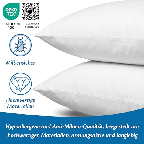 Flowen Kopfkissen 48x74 cm Kissen für Bett 48 x 74 2er Set Bettkissen Hypoallergene Anti-Milben Weiche Kissenfüllung mit Weicher Gesteppter Kopfkissenbezug 100% Polyester Schlafkissen