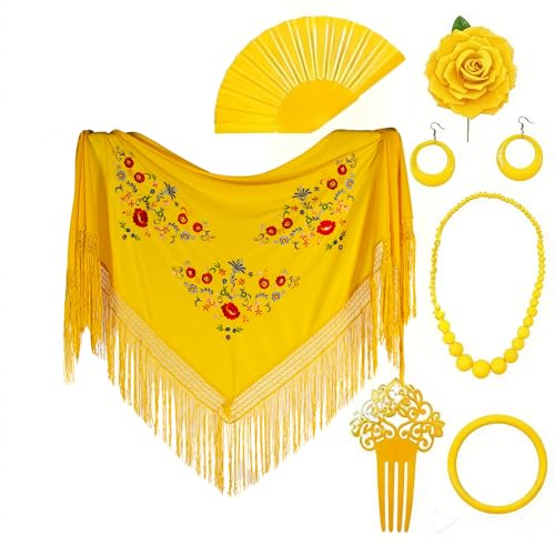 PARTILANDIA 2010 S.L. Manton de Manila Mujer Flamenca, Manton Bordado+Rosa para el Pelo+Abanico Flamenco+Peineta+ Pendientes+ Pulsera (Accesorio Feria de Abril, Amarillo, Adulto)
