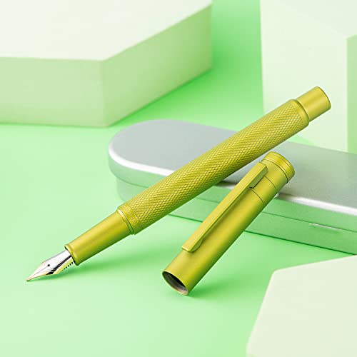 Image of Hongdian 1851 Mustard Yellow Forest Fountain Pen Blade Nib Classic Design Calligraphy Pen with Converter and Metal Pen Case Set