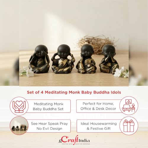 Image of eCraftIndia Set of 4 Meditating Monk Baby Buddha Idols | See Hear Speak Pray No Evil Figurines for Home Decor, Living Room, Office Desk | Decorative Spiritual Showpiece Gift Set