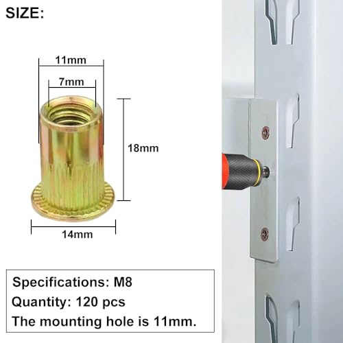 LCOUACEO Nietmuttern M8 Blindnietmuttern, 120 Stück Flachkopf Gewindehülsen Einschraubmutter, Kohlenstoffstahl Farbzink Einnietmuttern M8 Senkkopf für Metall Kunststoff (14mm x 18mm)