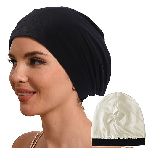 Hat Hut 100% Mulberry Silk Lined Sleep Cap Pure Silk Bonnet for Curly Hair Wrap Bonnet for Sleeping Slouchy Beanie (Black)