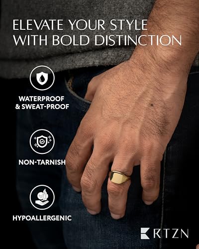 RTZN® Signet Rings for Men — Premium Mens Stainless Steel Rings — 100% Waterproof & Non Tarnish Plain Statement Mens Signet Ring Gold/Silver Pinky Ring for Men (SIZE: 6-12)3