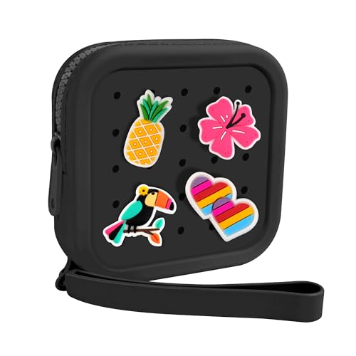 Small Silicone Pouch for Purse – Portable Organizer Bag, Mini Cosmetic Bag Holds Lipsticks, Coins, Travel Accessories, Zipper Pouch, Small Makeup Bag With 5 Charms(Black)