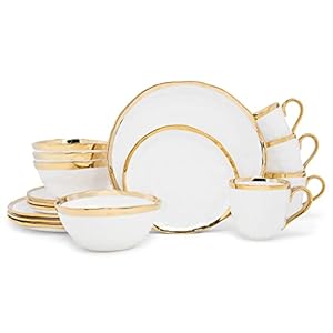 Elanze Designs 16-Piece Metallic Bubble Porcelain Ceramic Plates Bowls Mugs Dinnerware Set – Service for 4, White With Gold Accents