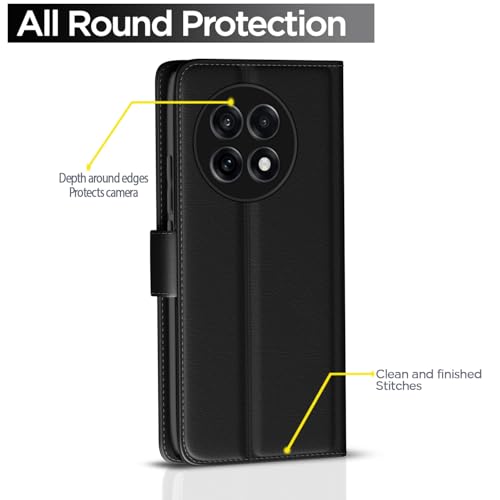 Image of Pikkme Flip Cover Leather Finish | Inside TPU with Card Pockets | Wallet Stand and Shock Proof | Complete Protection Button Flip Case for OnePlus 13R 5G(Black)