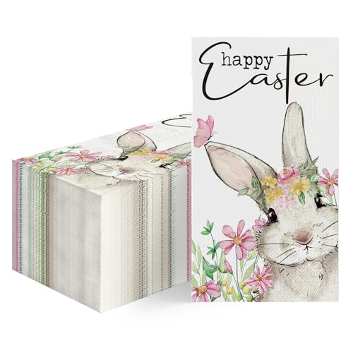Horaldaily 50 Easter Disposable Paper Decorative Guest Napkins, Watercolor Easter Bunny Flowers Hand Towel for Party Lunch Dinner Kitchen Bathroom