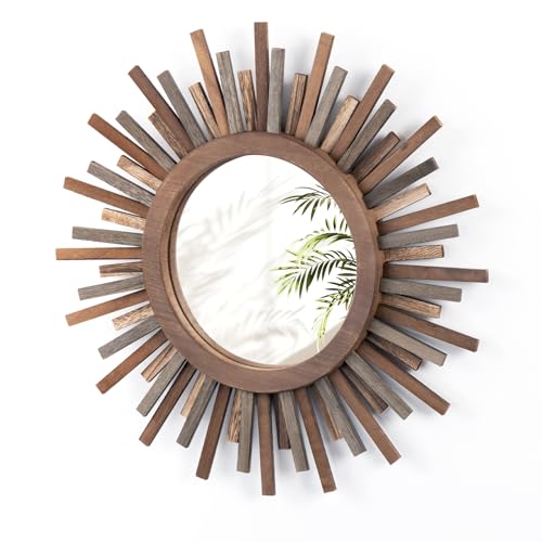 amoard 18 Inch Boho Sunburst Mirror, Decorative Rustic Farmhouse Wall Decor for Living Room, Bedroom, Bathroom, Hallway - Tricolor Wood Frame