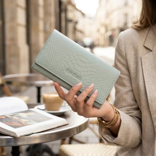 Image of Women's Top Grain Leather Wallet, RFID Blocking Bifold clutch, 17 Card Slots, Zip Pocket Organizer, Elegant Gift for Women - Birthday, Valentine, Anniversary - Croco Mint Green