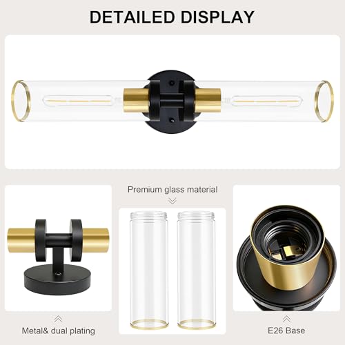 Image of Bathroom Vanity Lights 2 Pack Hardwired Black and Gold Wall Sconces