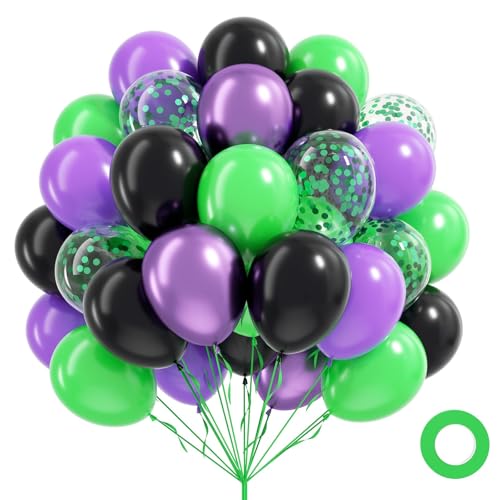60pcs Green Purple Black Balloons 12inch Black Metallic Purple Light Green Confetti Balloons for Baby Shower Birthday Party Decorations