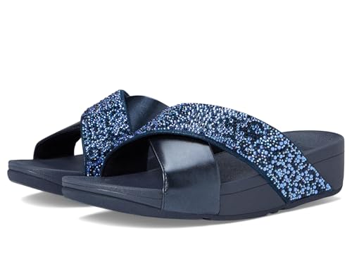 Image of FitFlop Womens Lulu Crystal-Mix Metallic Cross Slides All Black Sandal