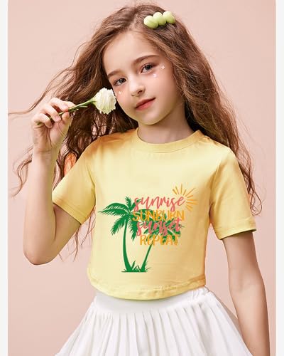 DDSOL Girls Crop Tops Summer Palm Tree Sunset Beach Shirt Hawaii Short Sleeve Tropical Tshirts for Teen Girl 6-14 Years3