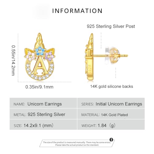 Unicorn Sterling Silver Initial Earrings for Girls Women - Hypoallergenic 14K Gold/White Gold/Rose Gold Plated Letter Earrings for Little Girls Kids - Unicorn Gifts4
