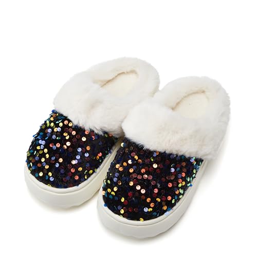 Sequins Slippers for Women Fuzzy Slipper Closed Toe Warm Shoes Faux Fur Comfy Winter House Shoes Indoor Outdoor