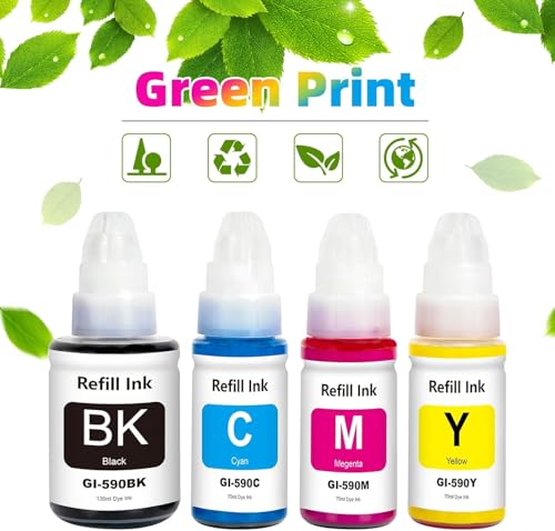 Kompatible Tinte Kompatibel für Canon GI-590BK GI-590C/M/Y GI-490 Tintenbehälte Multipack für PIXMA G1500 G1501 G1510 G2500 G2501 G2510 G3500 G3501 G3510 G4500 G4510 G4511, 135ml Pigmentt, 70ml Dye