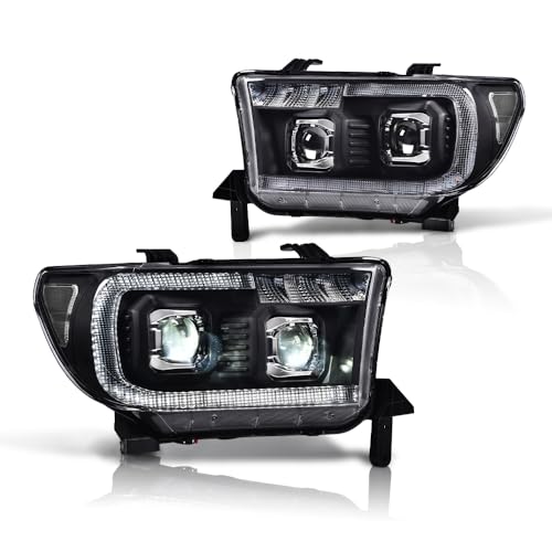 Image of GRAND ORANGE LED Tube Projector Headlights Assembly w /Bulbs Compatible with Toyota Tundra 2007-2013 /Fit Toyota Sequoia 2008-2017 Driver & Passenger Side Clear Lens Black Housing Clear Reflector