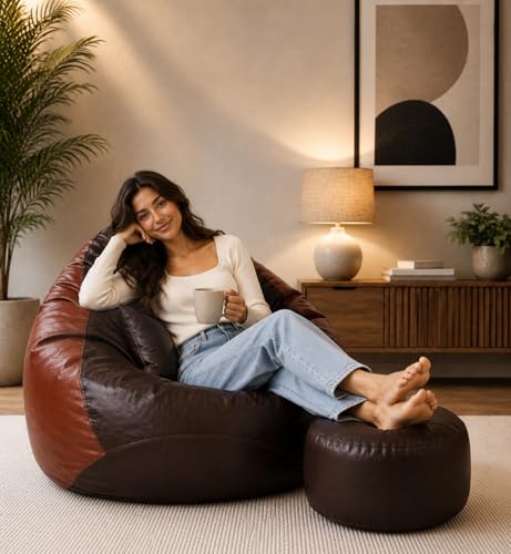 Image of Mansu 4XL Bean Bag Cover with Footrest & Cushion (Without Beans) (4XL) (Tan Brown)