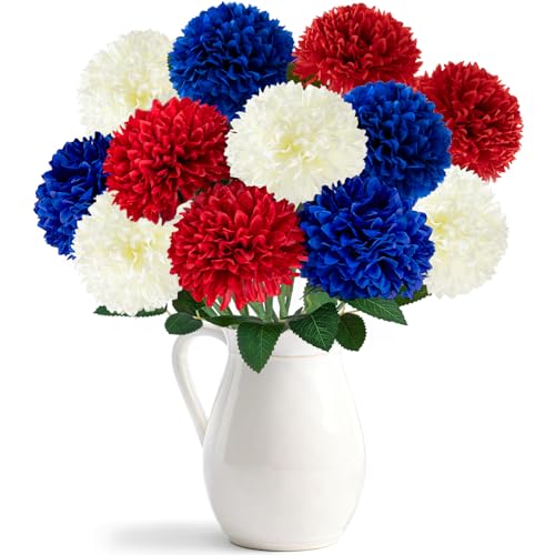 Yunfan 4th of July Decorations Patriotic Decor 12Pcs Artificial Flowers Red White and Blue for Independence Memorial Veterans Labor Fourth of July Home Party Centerpiece Vase