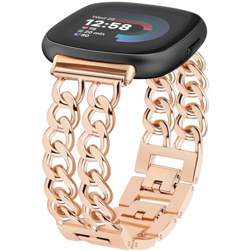 JR.DM ���[�Y�S�[���h�r���v�o���h �����p Fitbit Versa 4/Versa 3/Fitbit Sense 2/Sense�ɑΉ� ���߉\�ȃ��^���X�g���b�v �J�E�{�[�C�X�`�[���_�u���`�F�[���u���X���b�g