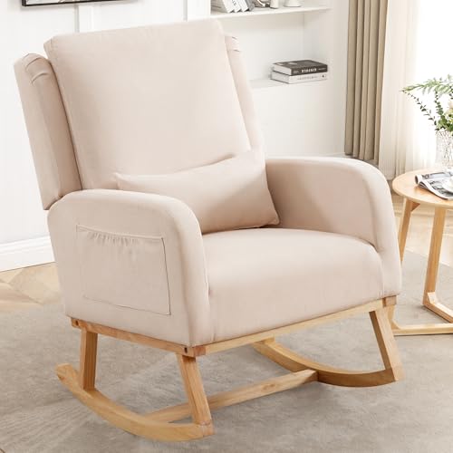 Image of HCHAIRH Rocking Chair Nursery, Nursing Rocking Chairs with Lumbar Pillow, Comfy Modern Nursery Glider Rocker Morden Accent Rocking Chair for Mom Nursery, Living Room, Bedroom, Beige