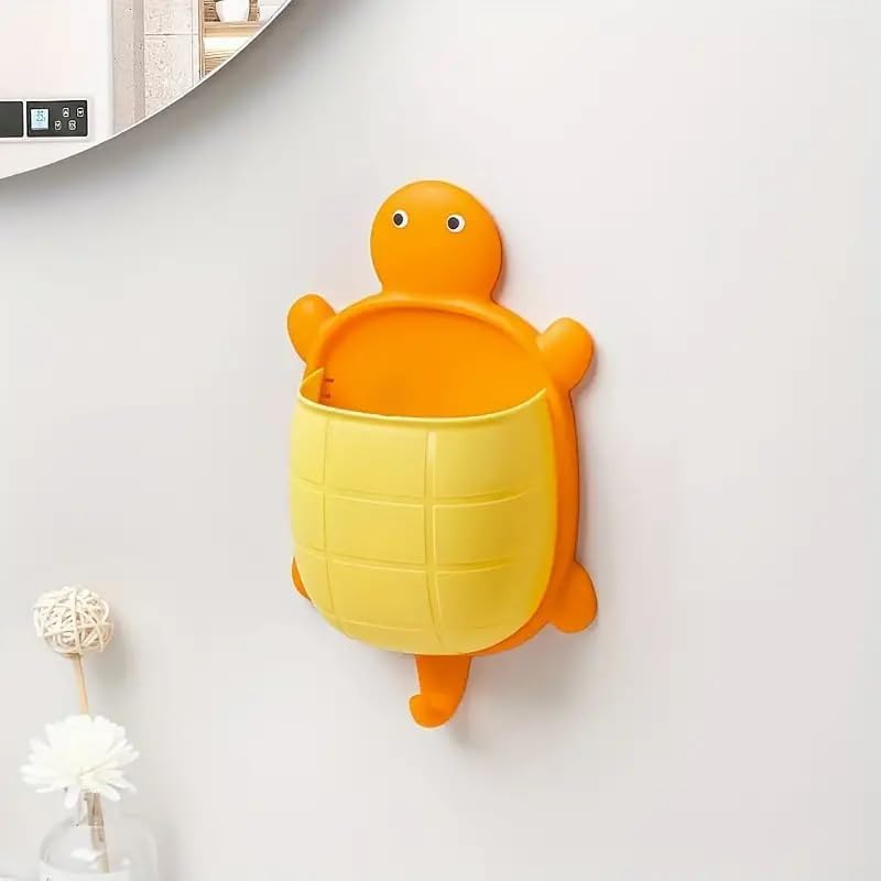 Cute Toothbrush Holder Wall Mount, Hanging Bathroom Storage Basket with Hook, Punch Free Space-Saving Toothbrush and Toothpaste Holder, Cute Cartoon Turtle-Shaped, Orange