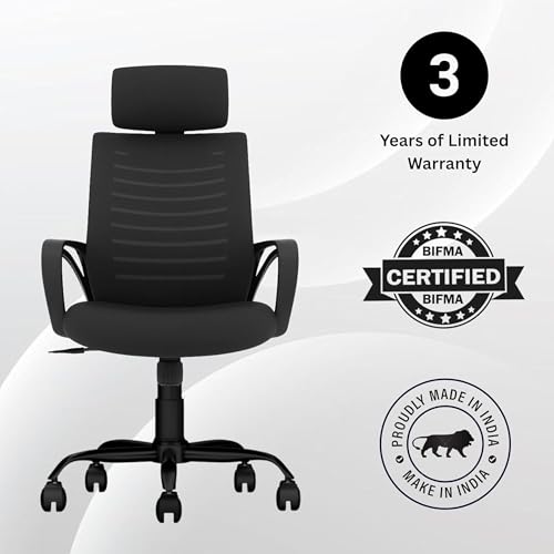 Image of Irish High Back Ergonomic Office Chair | 3 Years Warranty | for Long Working Hours, Mesh Back Computer Chair with Adjustable Height, Cushioned Seat, Strong Metal Base - Black, High Back