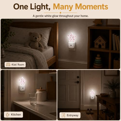 Image of Pink Bow Star Night Light Plug in, Decorative Night Light for Kids Room Nursery Bedroom, Soft Glow Sensor Lamp for Hallway Bathroom, Compact Energy Saving