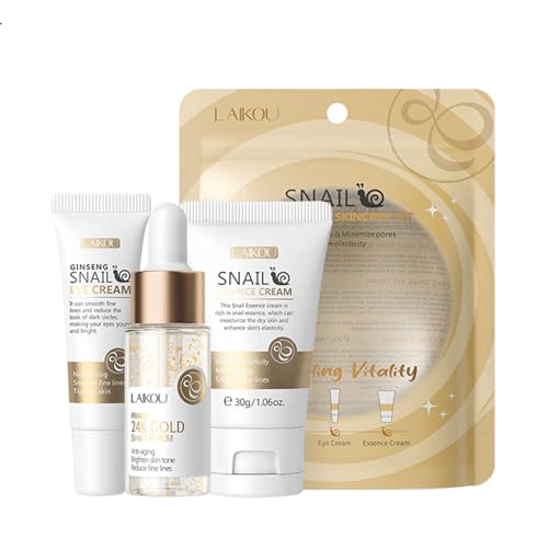 Snail Mucin Essentials Set cura della pelle, siero di lumaca dorata, crema occhi di lumaca al ginseng, crema all'essenza di lumaca 3 in 1, migliora l'elasticità della pelle danneggiata