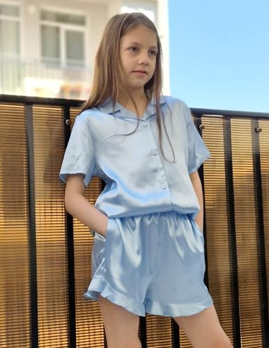 Image of Arshiner Girls Pajamas Silk Satin Pajama Set Button Pjs Ruffle Sleepwear | 2 Piece Nightwear, Silky Soft Lounge for Little & Big Kids, Ideal for Sleeping and Sleepover Party