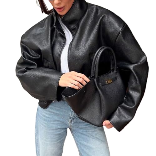 REASERAL Womens Leather Jacket Zipper Stand Collar Motorcycle Jacket Bomber