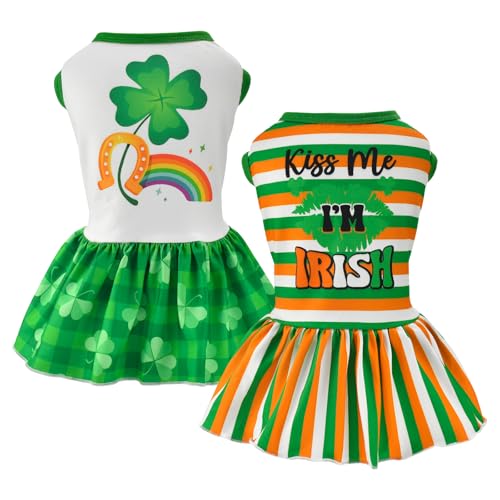 Vehomy 2-Pack Dog Dresses St. Patrick's Day Dog Dress with Lucky Shamrock Pattern Green Plaid Dog Skirt Stripe Puppy St. Patrick's Day Dress Clothes Outfit for Small Medium Dogs L
