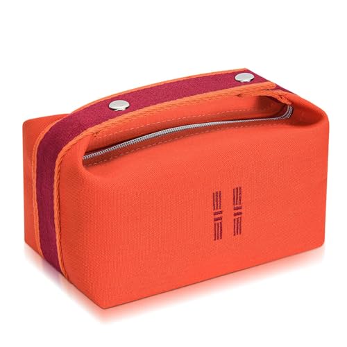 Fashion Makeup Bag for Women, Orange Red Canvas Make up Travel Bag, Hanging Cosmetic Bag Organizer for Wome