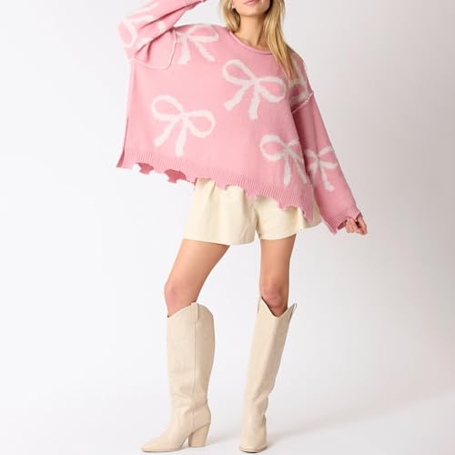Image of Women Cute Bow Knit Sweater Y2k Long Sleeve Crew Neck Knitted Pullover Top Oversized Going Out Fall Winter Knitwear