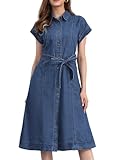 Allegra K Denim Dress for Women's Casual Button Down Short Sleeves Belted Midi Dress Dark Blue L