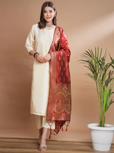 Image of VredeVogel Women's Cotton Silk Blend Straight Kurta Trouser With Dupatta Set