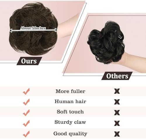 RUWISS Claw Clip Messy Bun Hair Piece Real Human Hair Buns Wavy Curly Chignon Hair Bun Extensions Tousled Updo Hair Buns Claw Clip Ponytail Hairpieces (Brown 2#L)